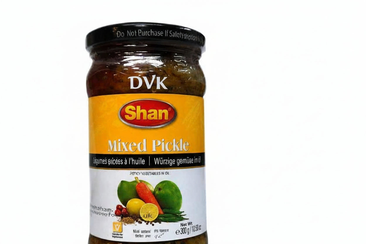 Jar of Shan Mixed Pickle on a white background