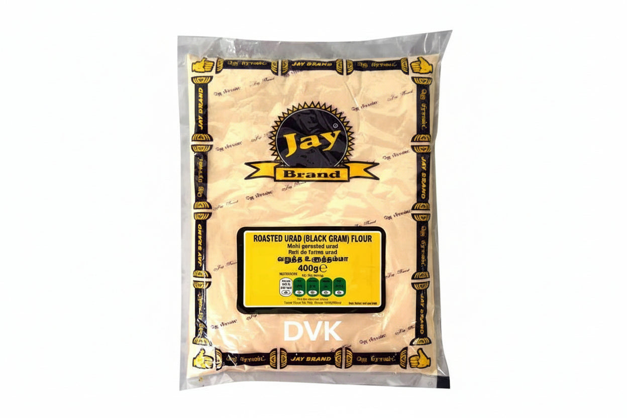 Pack of Jay Brand roasted urad (black gram) flour with packaging details.
