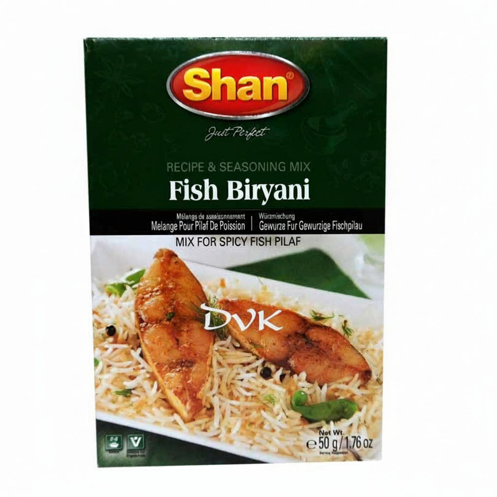 Shan Fish Biryani seasoning mix packaging with a picture of biryani on a white background