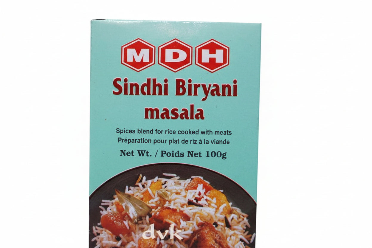 Box of MDH Sindhi Biryani masala with a picture of biryani on a white background