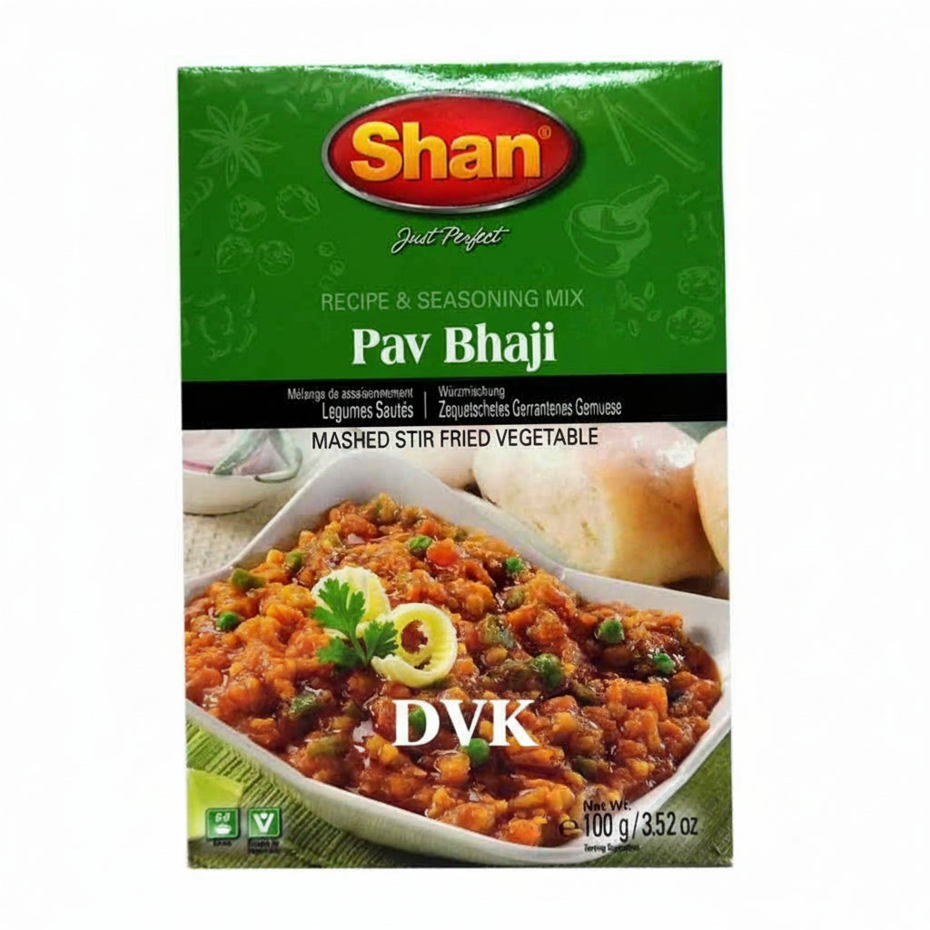 Shan Pav Bhaji seasoning mix packaging with a dish of Pav Bhaji on a white background