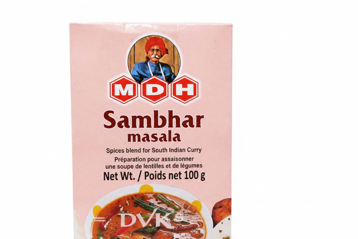 MDH Sambhar masala spice packet with a picture of a man and a bowl of curry on a pink background