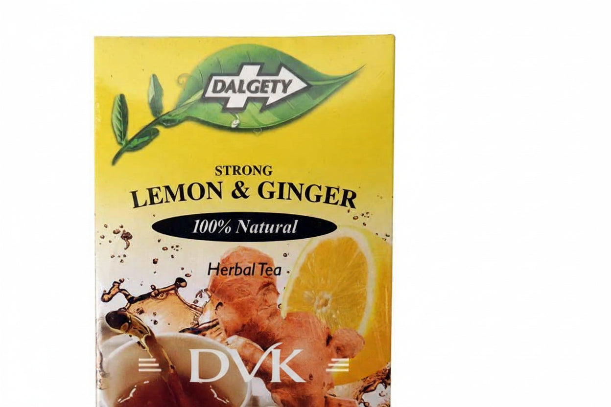 Box of Dalgety Strong Lemon & Ginger Herbal Tea with tea being poured into a cup.