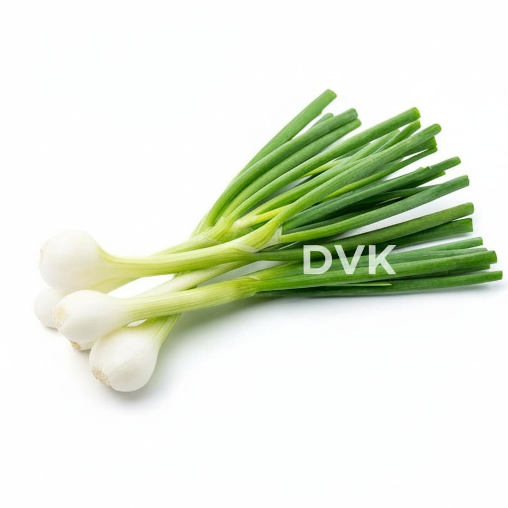 Bunch of green onions on a white background with 'DVK's' branding.