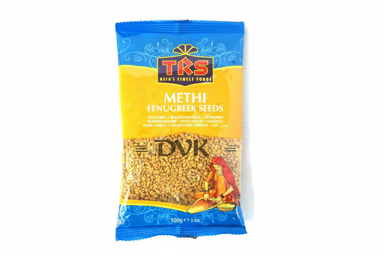 Packaged fenugreek seeds with TRS branding on a white background