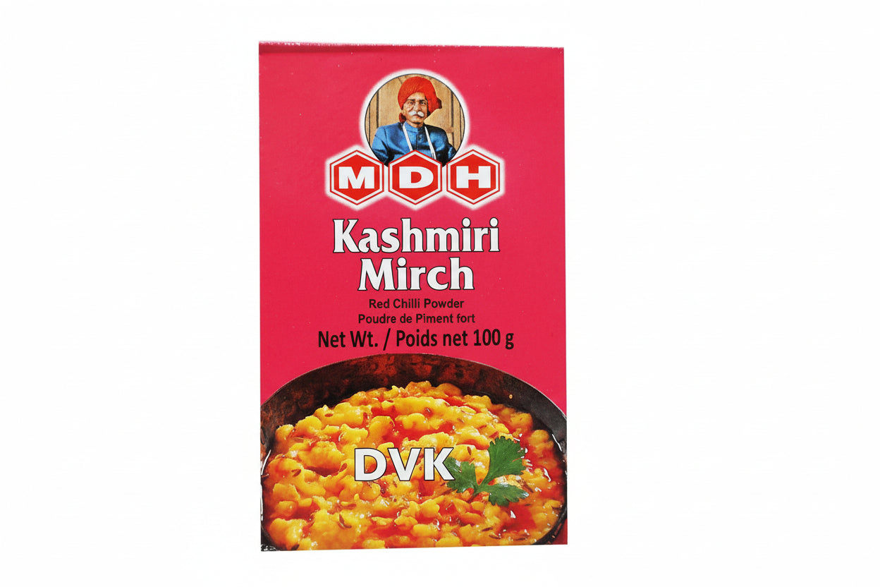 Box of MDH Kashmiri Mirch red chili powder with a red background and image of food.