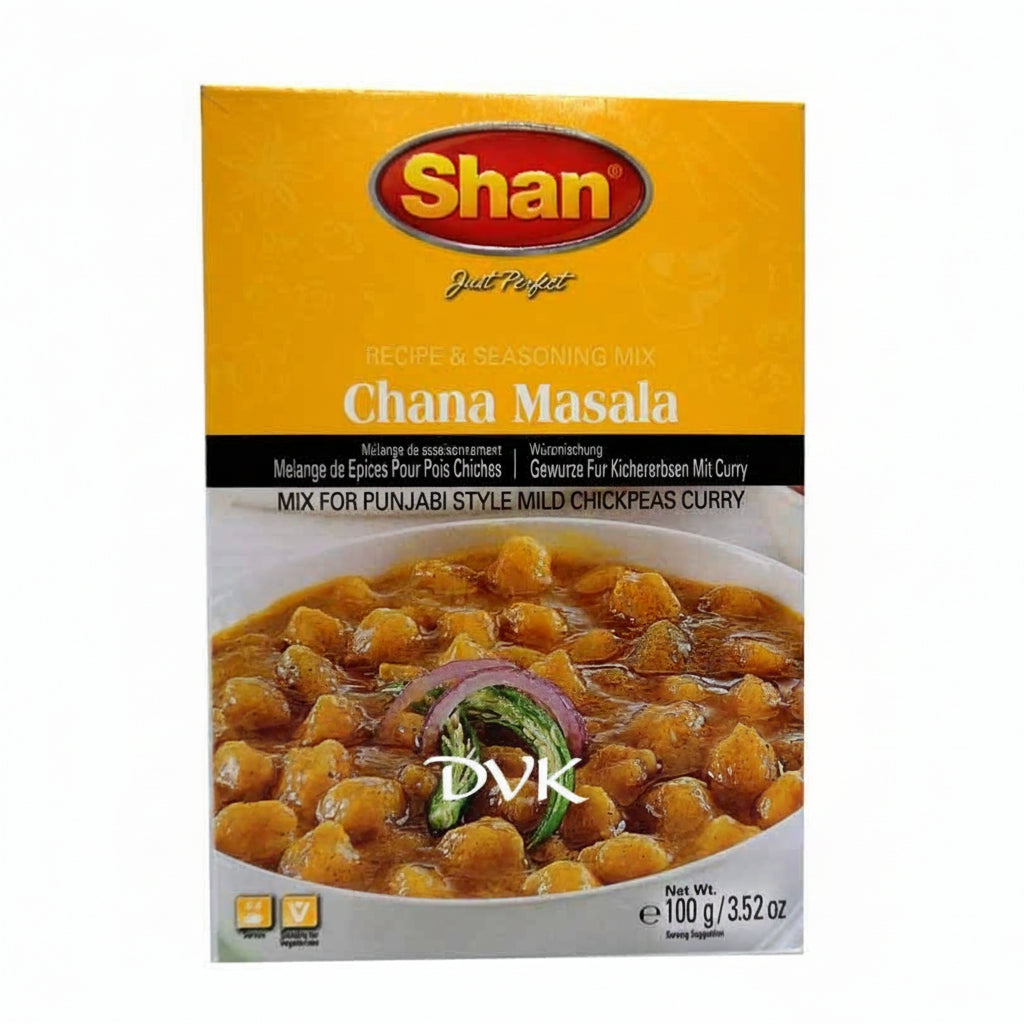 Shan Chana Masala spice mix packaging on a white background