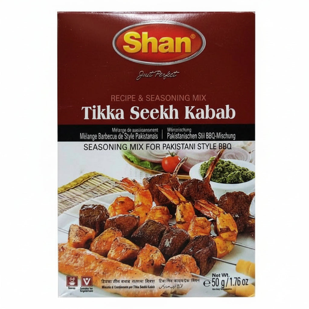 Shan Tikka Seekh Kabab seasoning mix packaging on a white background
