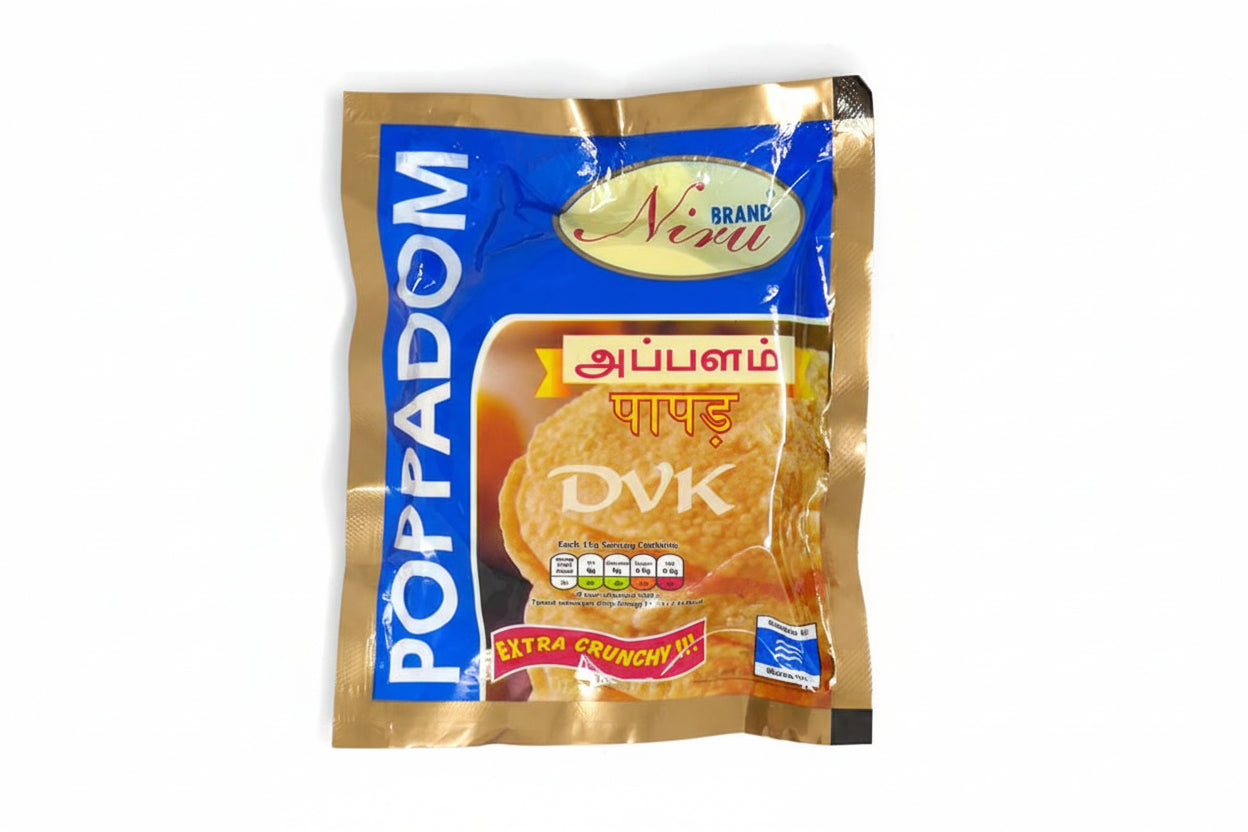 Packaged poppadoms with 'Niru' branding on a white background