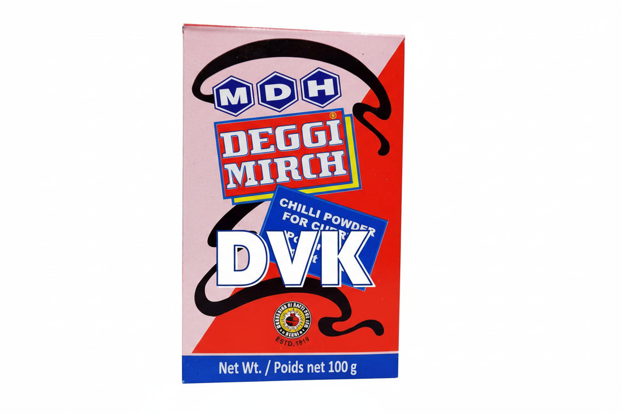 Box of MDH Deggi Mirch Chilli Powder for Curries on a white background