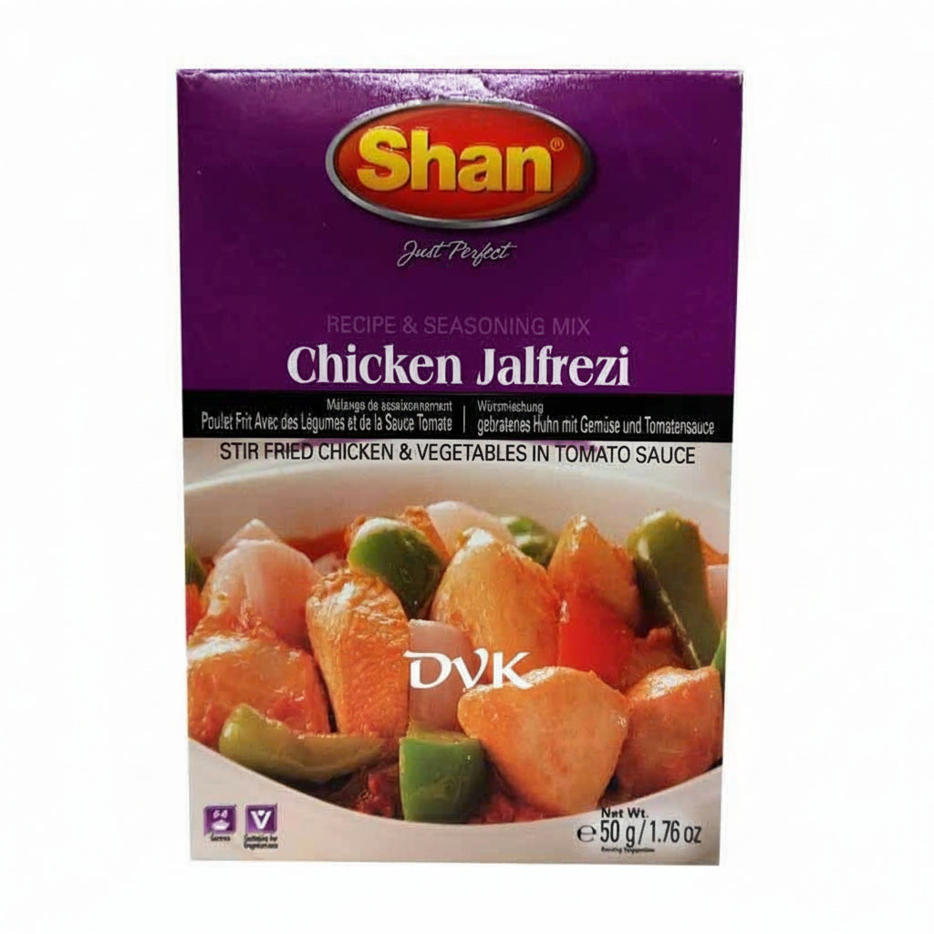 Shan Chicken Jalfrezi seasoning mix packaging on a white background