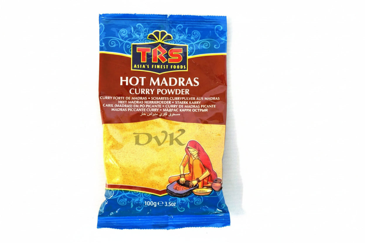 TRS Hot Madras Curry Powder packaging on a white background