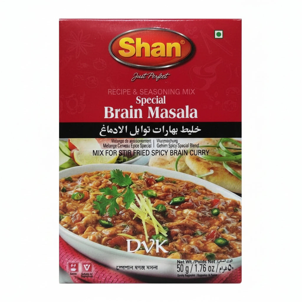 Shan Special Brain Masala seasoning mix packaging with a bowl of curry on a white background