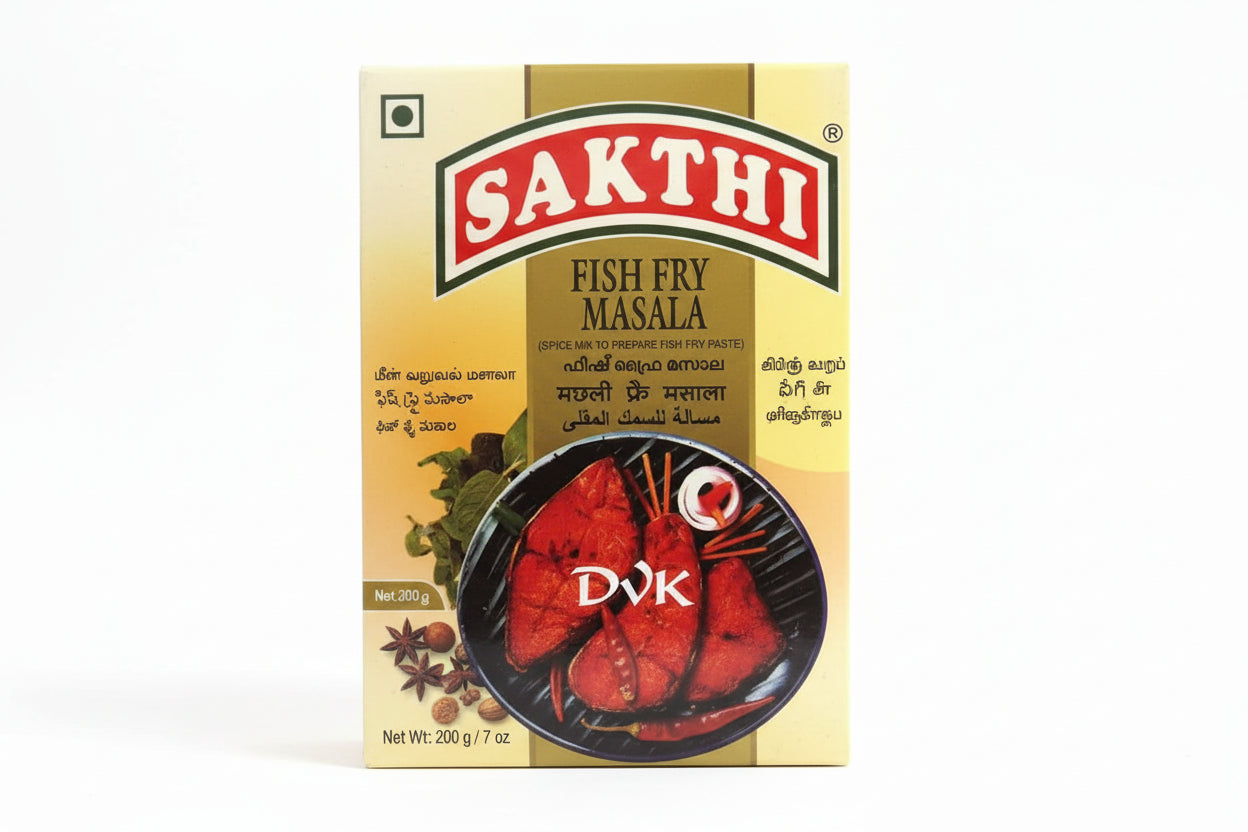 Sakthi Fish Fry Masala spice mix packaging on a white background