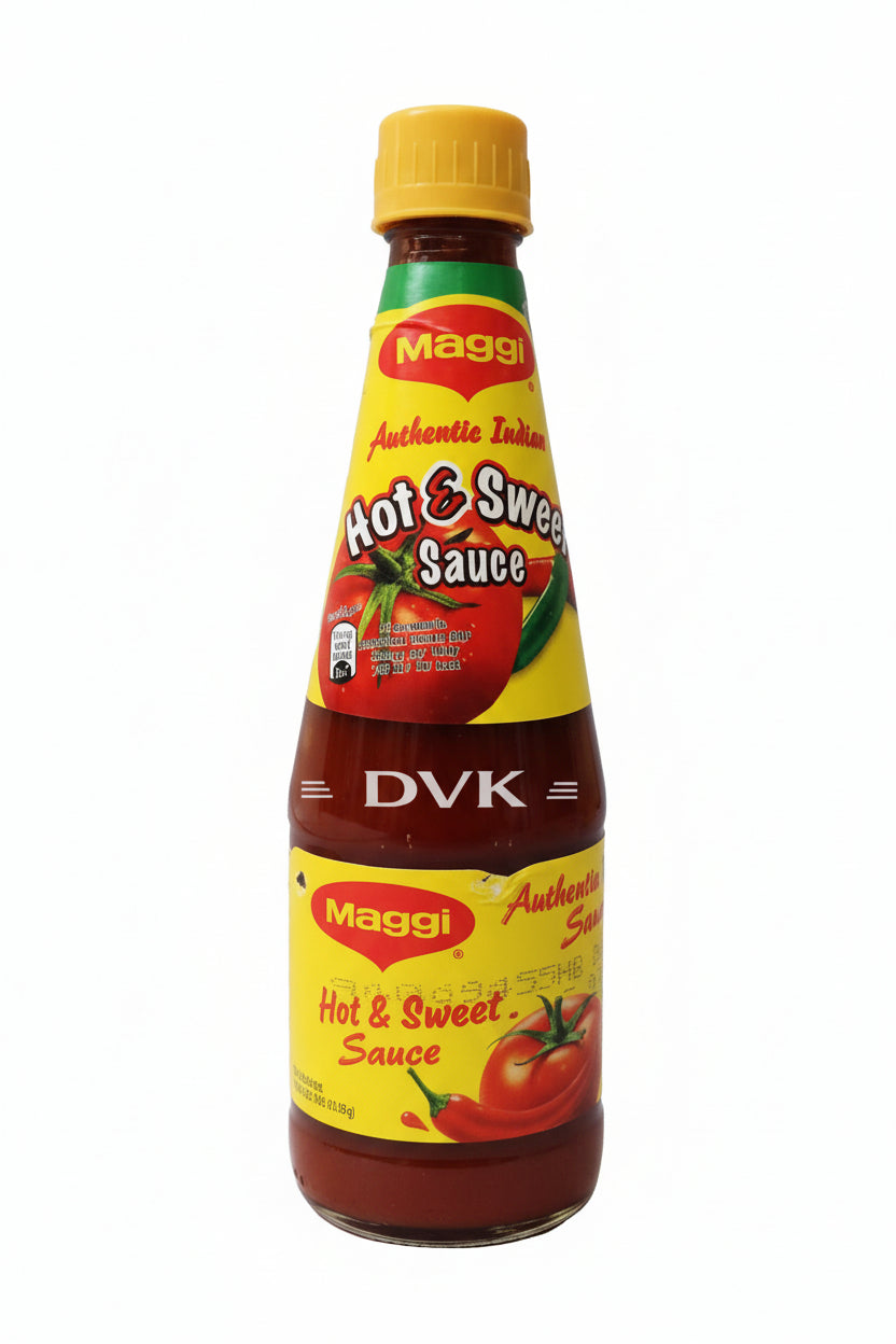 Bottle of Maggi Hot & Sweet Sauce on a white background