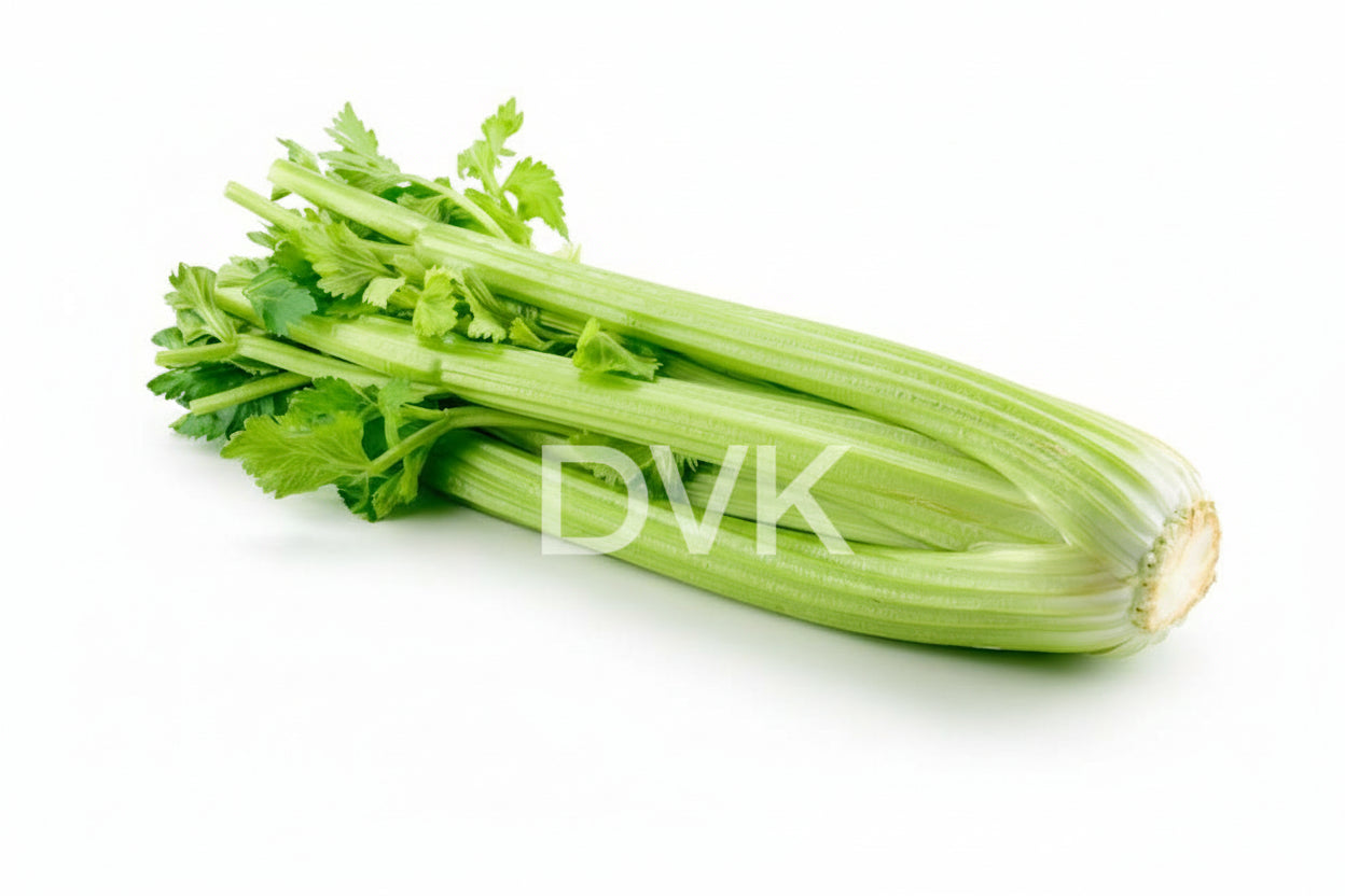 Bunch of celery with 'DVK's' branding on a white background