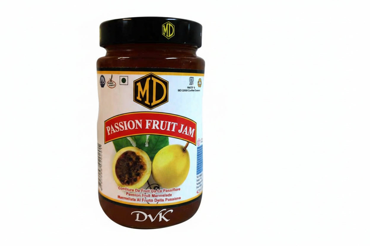 Jar of passion fruit jam with MD logo on a white background