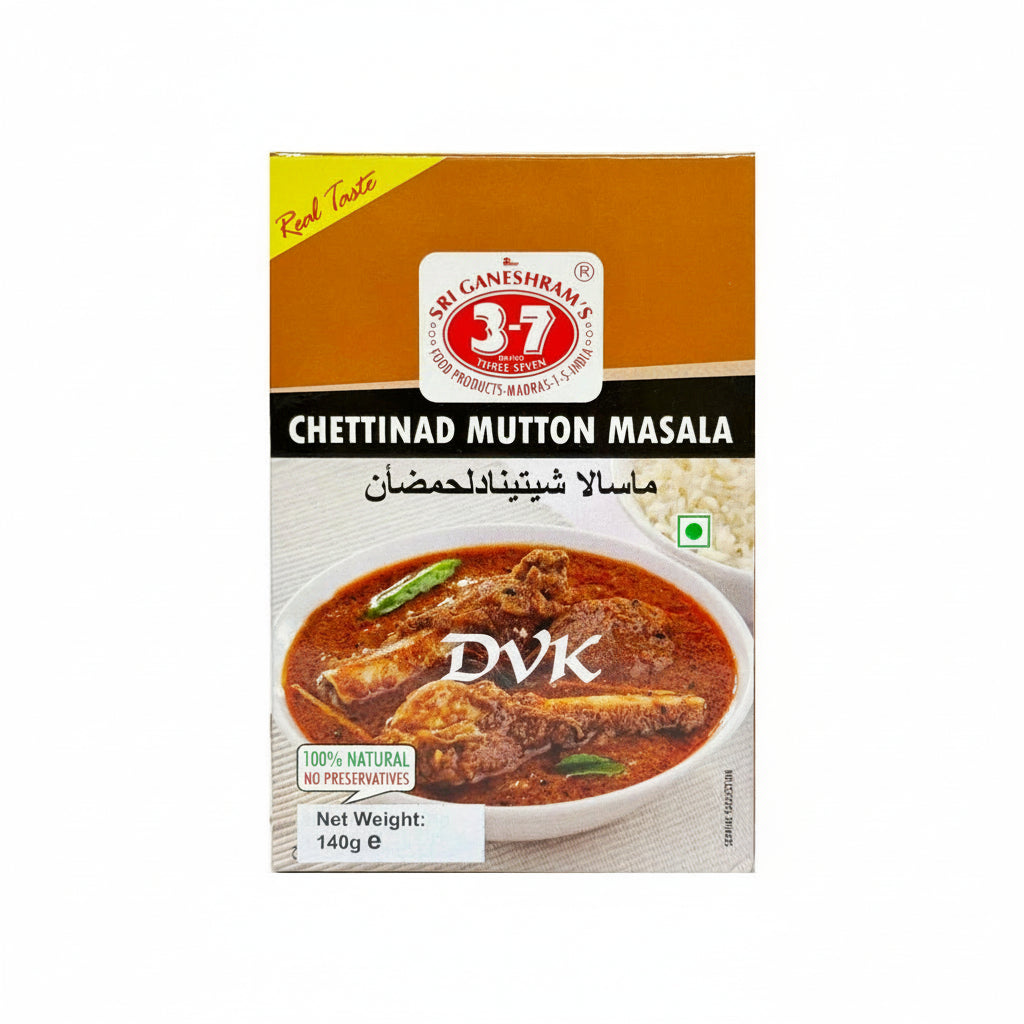 Box of 37 Chettinad Mutton Masala with a picture of mutton curry on a white background