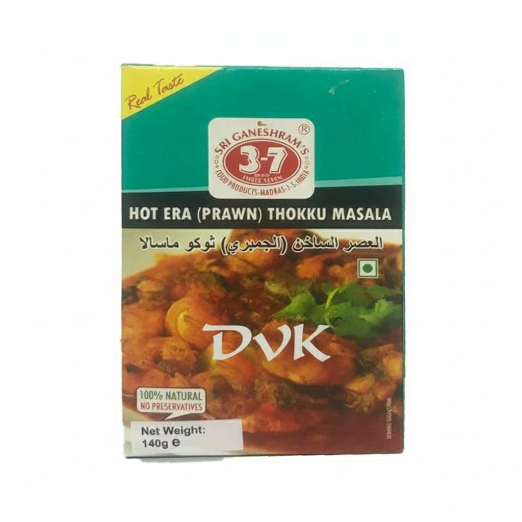 Box of Sri Ganesham's Hot Era Prawn Thokku Masala with a green and red design.