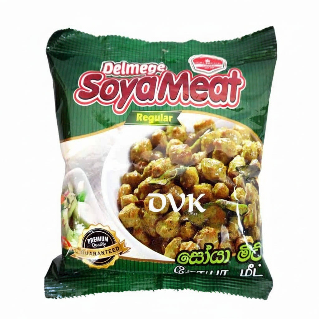 Packaged soya meat product with green and red branding on a white background