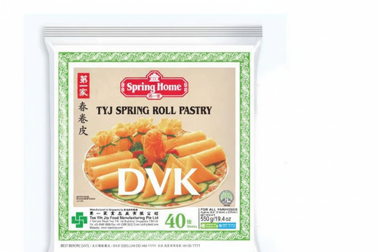 Packaging of Spring Home TYJ Spring Roll Pastry with a visual of spring rolls on a white background