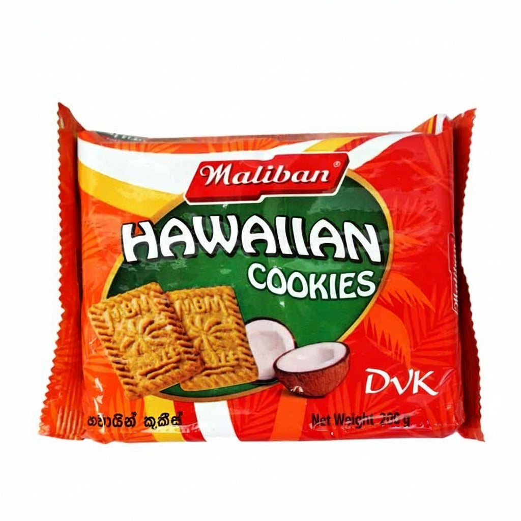 Packaging of Maliban Hawaiian Cookies with a red and green design.