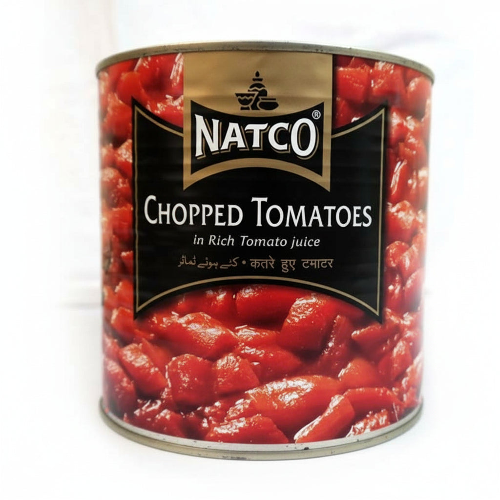 Can of Natco chopped tomatoes on a white background