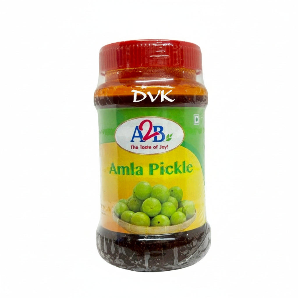 Jar of A2B Amla Pickle with a red lid on a white background