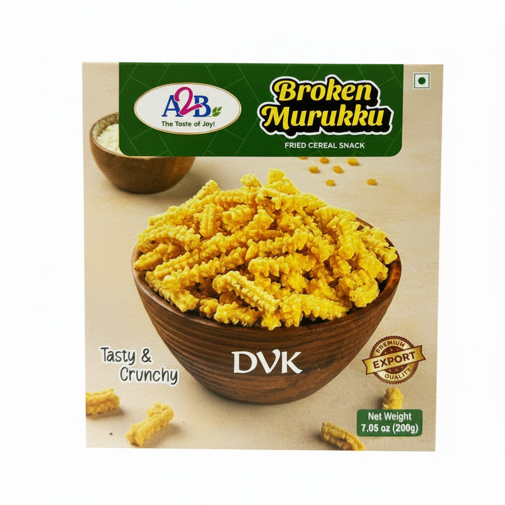 Box of A&B Broken Murukku with a bowl of yellow snack on a beige background