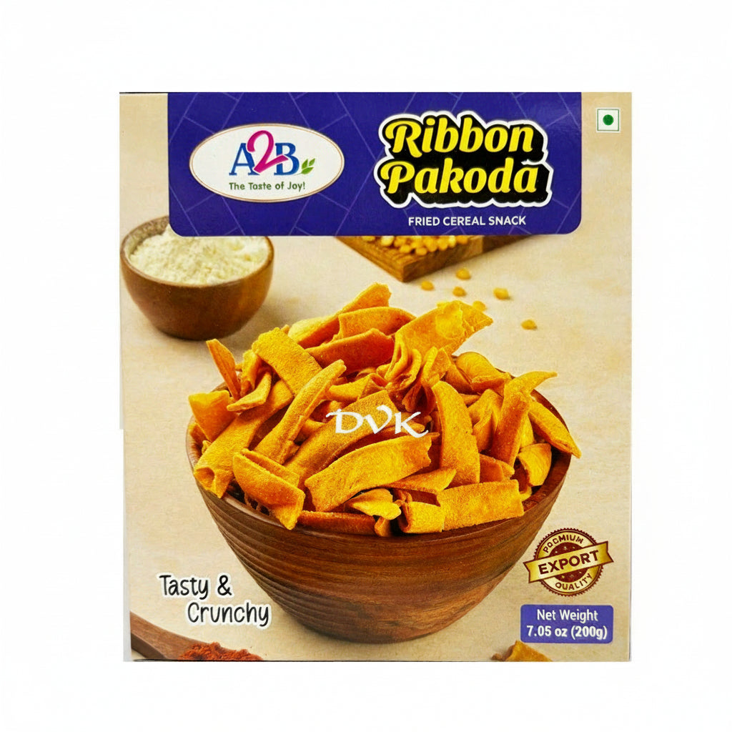 A2B Ribbon Pakoda packaging with a bowl of snacks and text on a white background