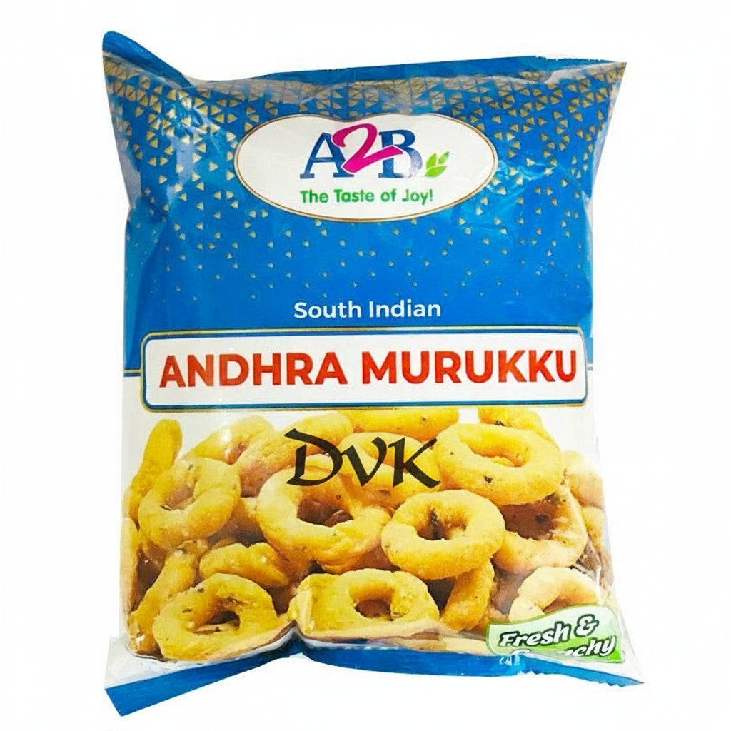 Packaged snack of Andhra Murukku with A2B brand on a white background