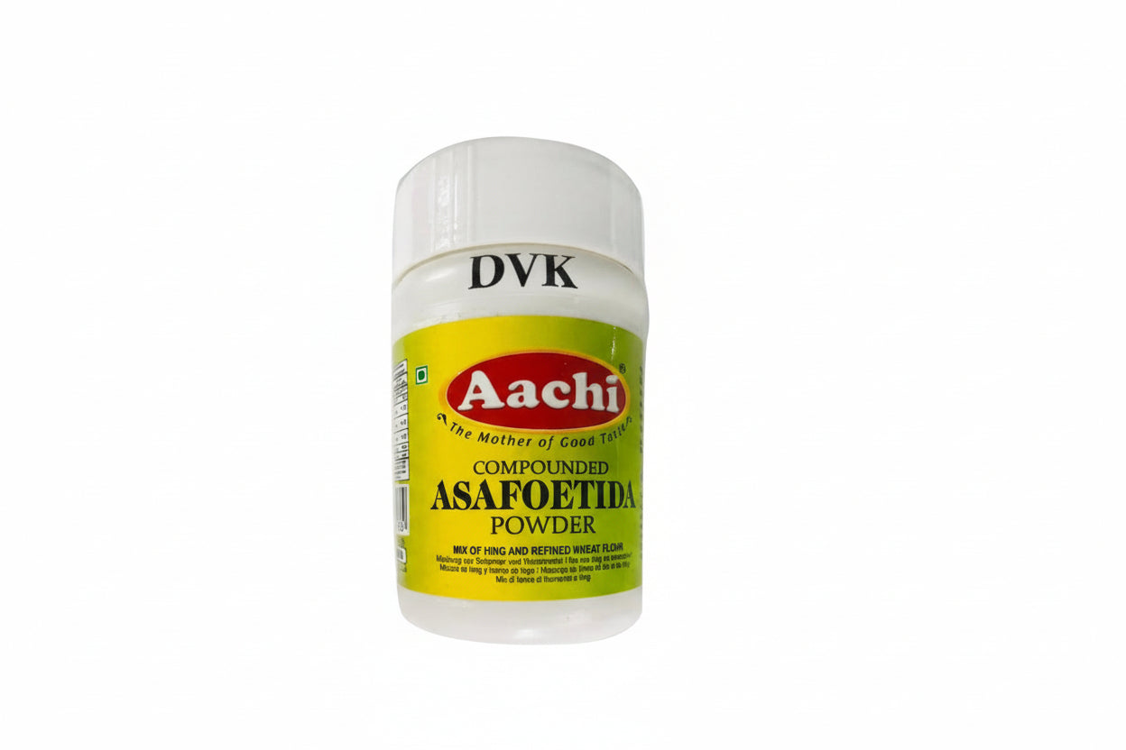 Aachi compounded asafoetida powder container on a white background
