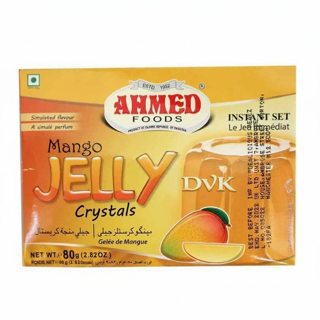 Box of Ahmed Foods Mango Jelly Crystals on a white background