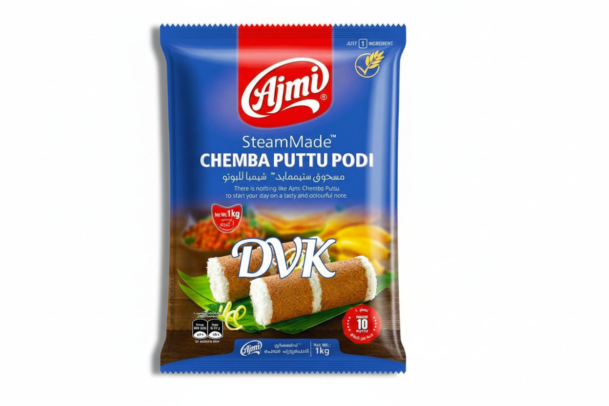 Ajmi SteamMade Chemba Puttu Podi packaging on a white background