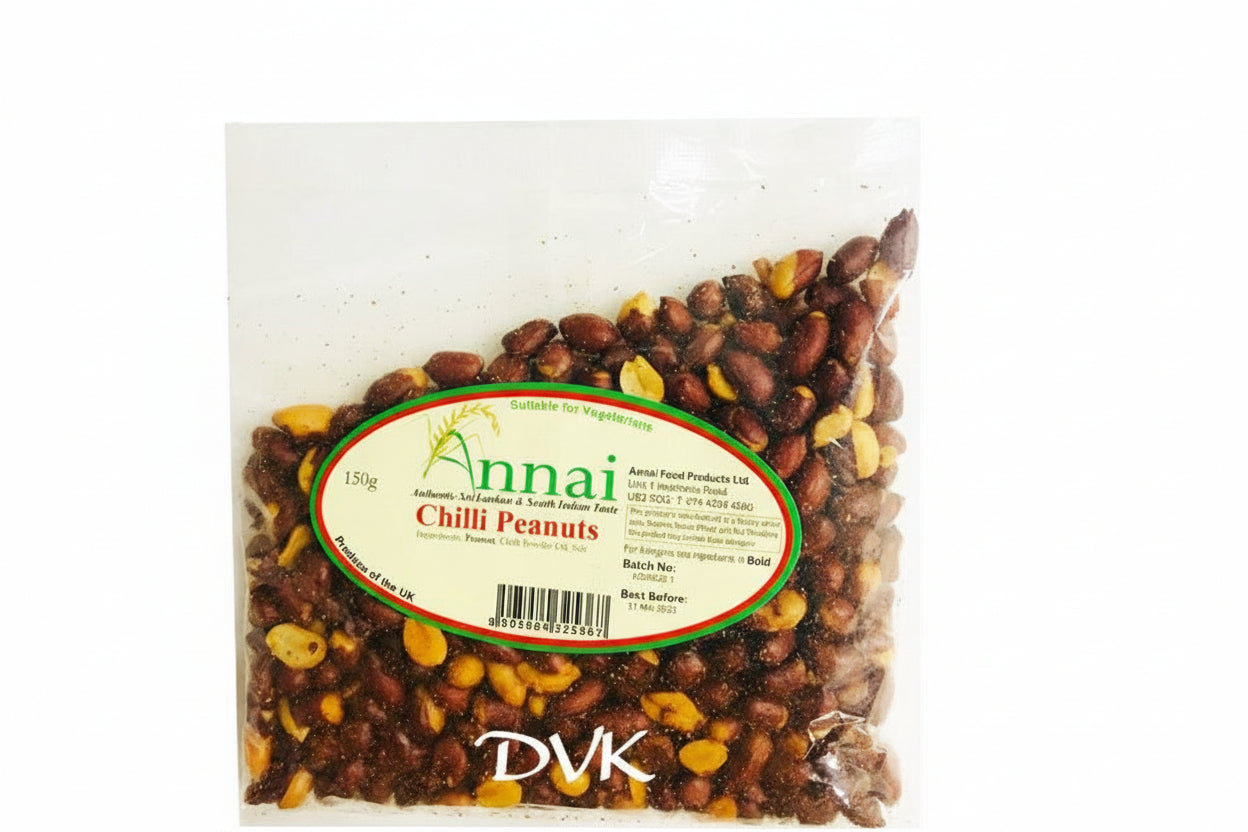 Packaged Chilli Peanuts with Annai label on a white background