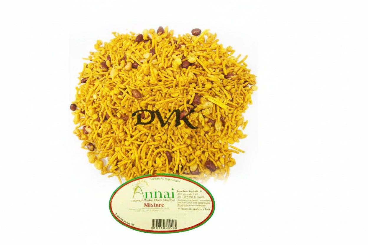 Yellow annai mixture with visible brand name on a white background