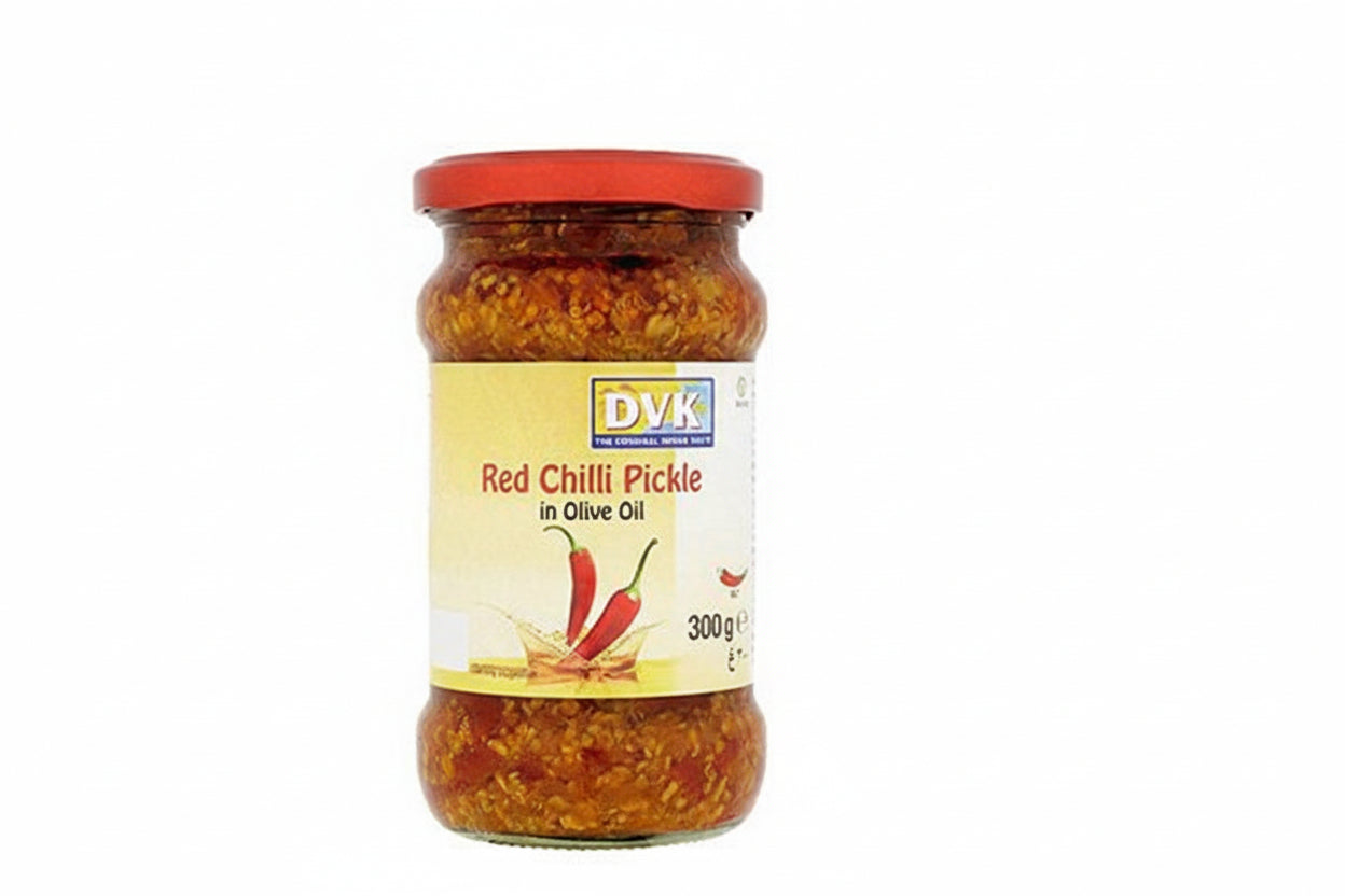Jar of Red Chilli Pickle in Olive Oil with Ashoka label on a white background
