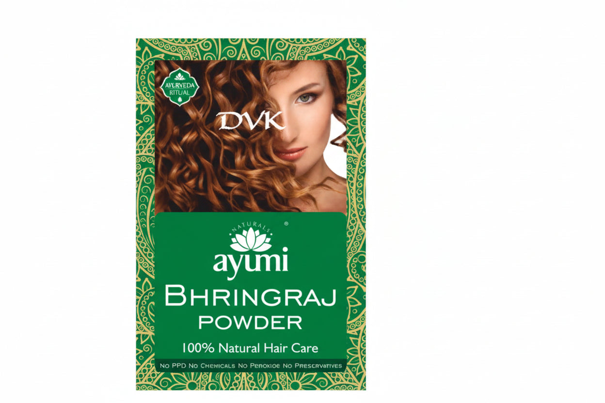 Ayumi Bhringraj Powder packaging with a woman's face and hair on a green background