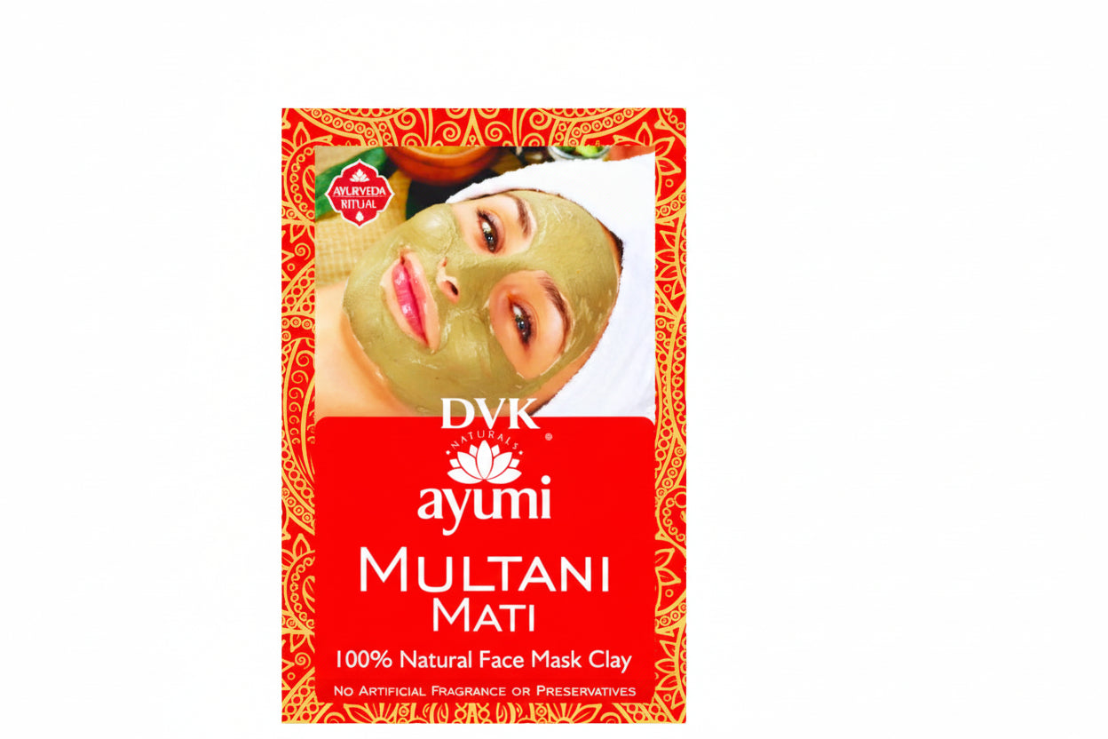 Ayumi Multani Mati face mask clay packaging with a woman wearing a green mask.