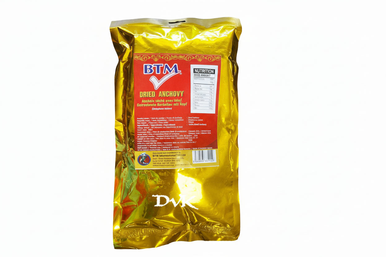 Yellow package of BTM dried anchovies on a white background