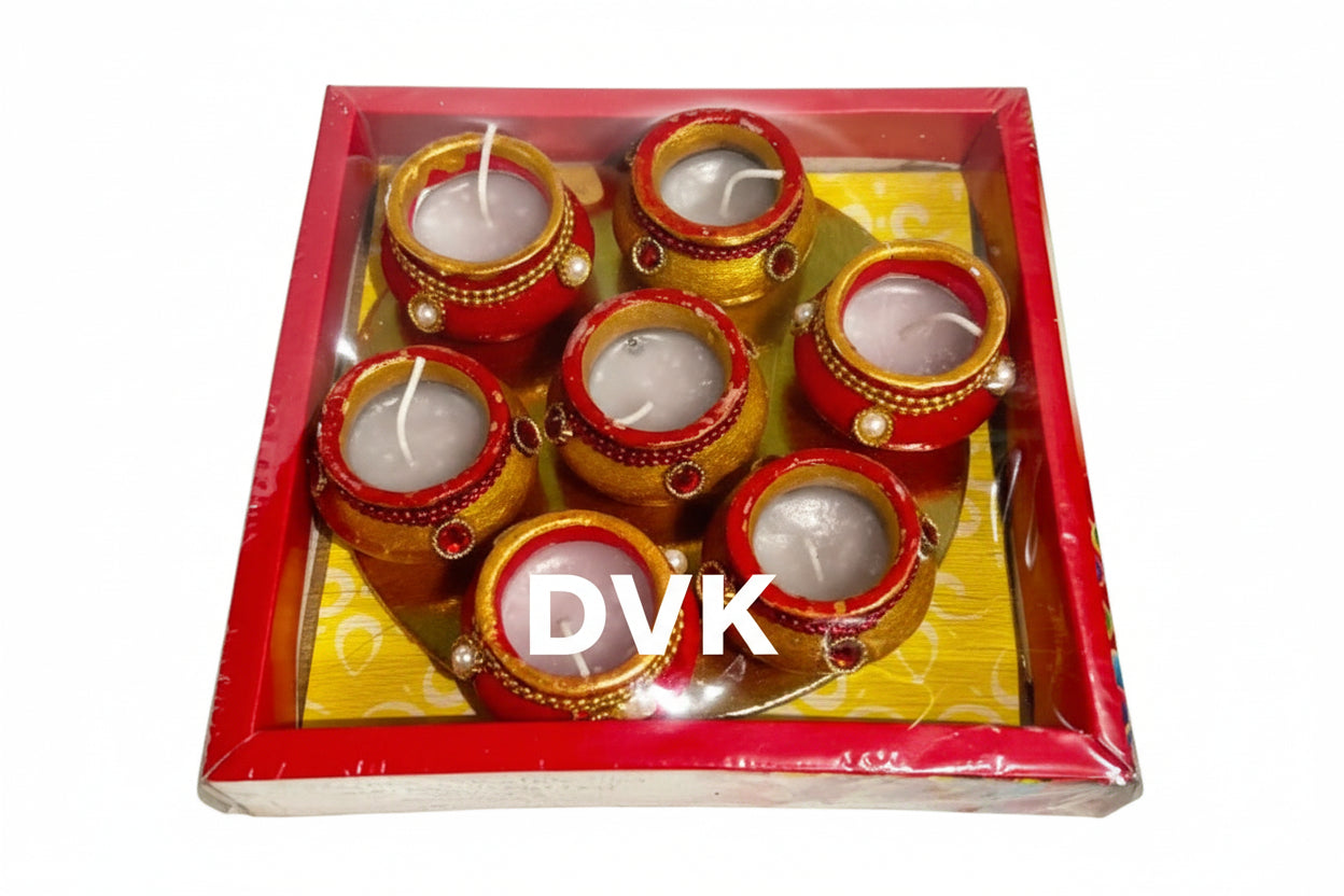 Clay Pot Matki Wax Diya (Set of 7 Pieces-Red & Gold)