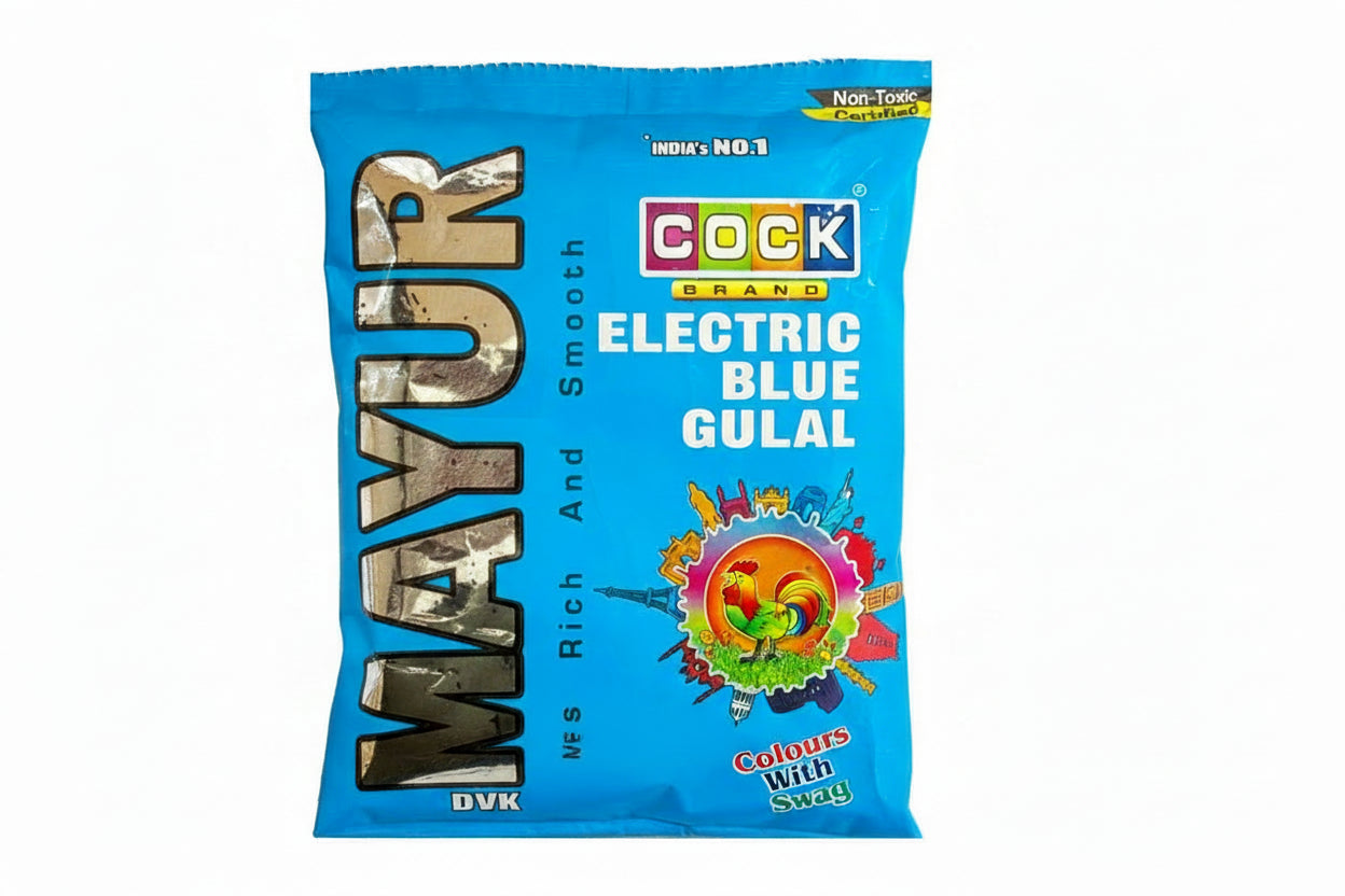 Blue packet of COCK Brand Electric Blue Gulal with colorful design on a white background