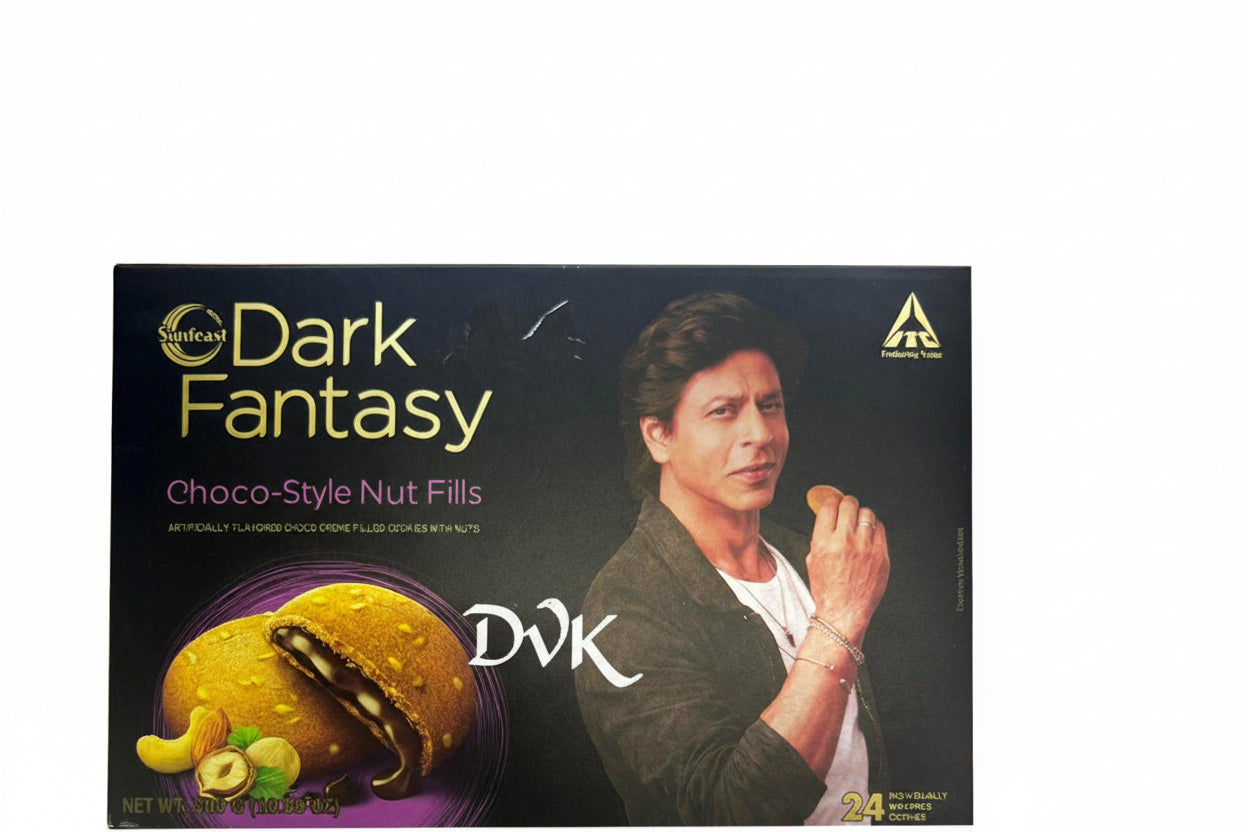 Box of 'Dark Fantasy' choco-style nut fills with a person on the packaging