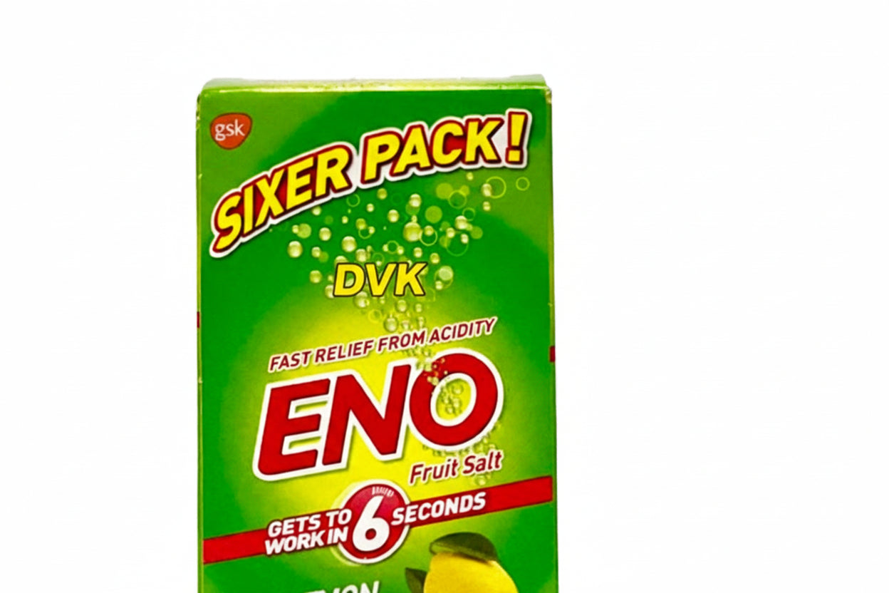 Box of Eno Fruit Salt Lemon flavor with a sixer pack label on a white background