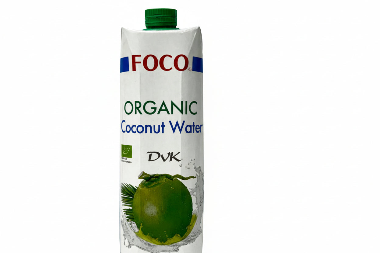 FOCO Organic Coconut Water carton on a white background