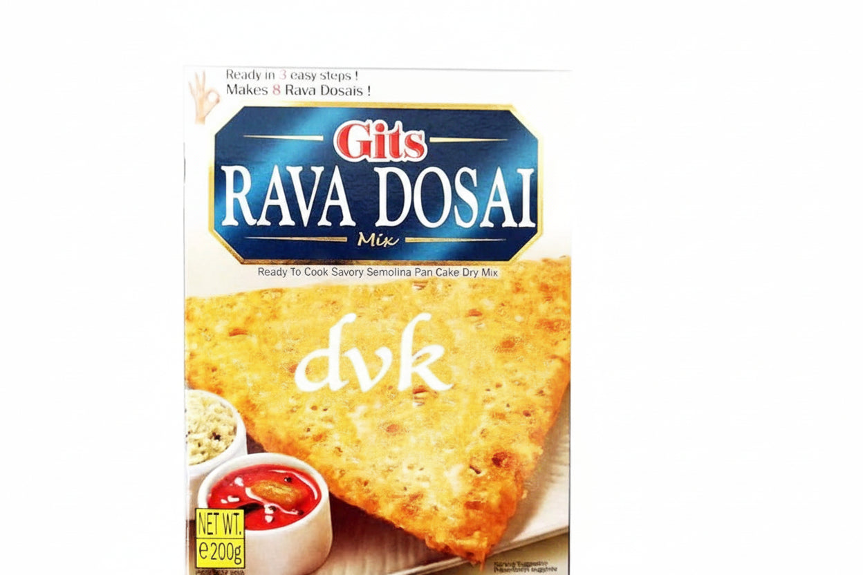 Box of Gits Rava Dosai Mix with a dosai and side dishes on a white background