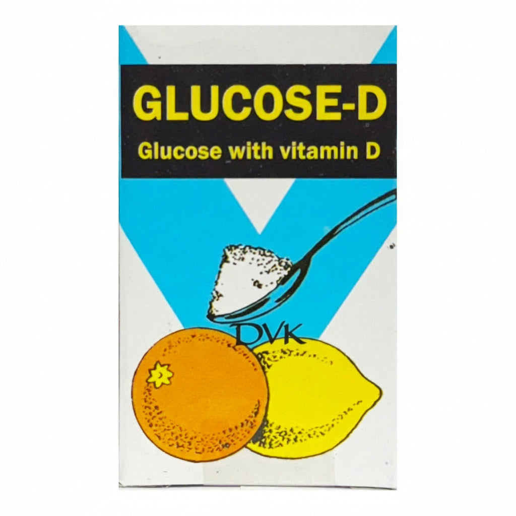 Box of Glucose-D with oranges and lemons on a white background