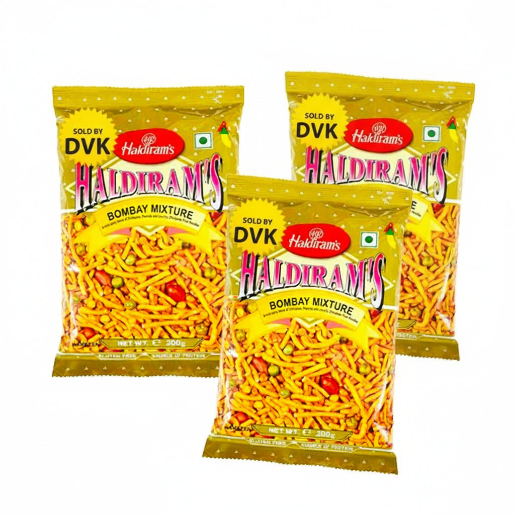 Two packages of Haldiram's Bombay Mixture on a white background