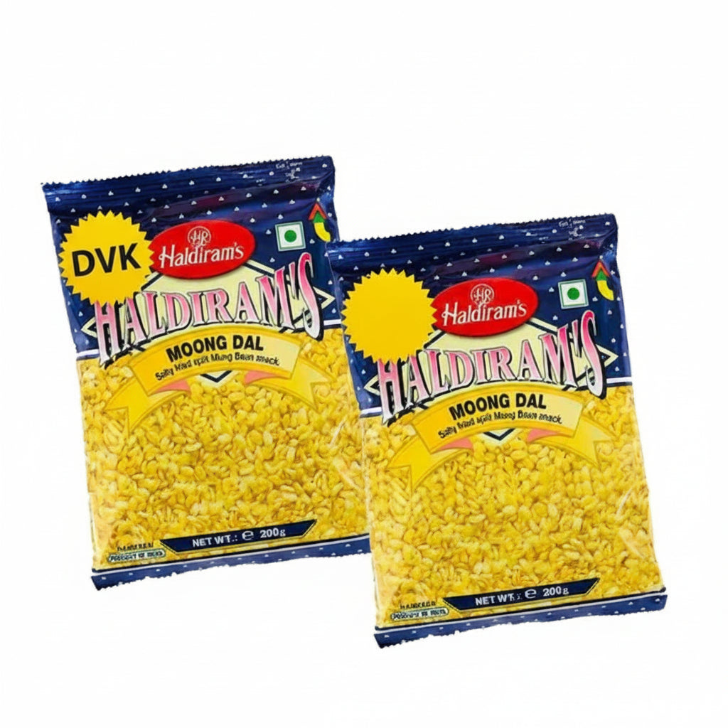 Two packages of Haldiram's Moong Dal on a white background