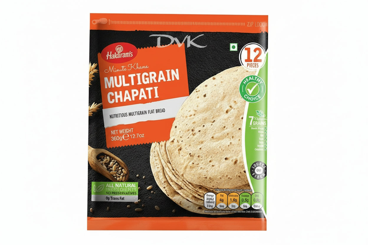 Packaged multigrain chapati with visible branding on a white background